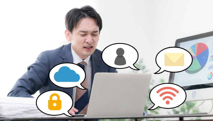 社内ヘルプデスクの問い合わせ対応や障害対応に追われる情報システム担当者のイメージ